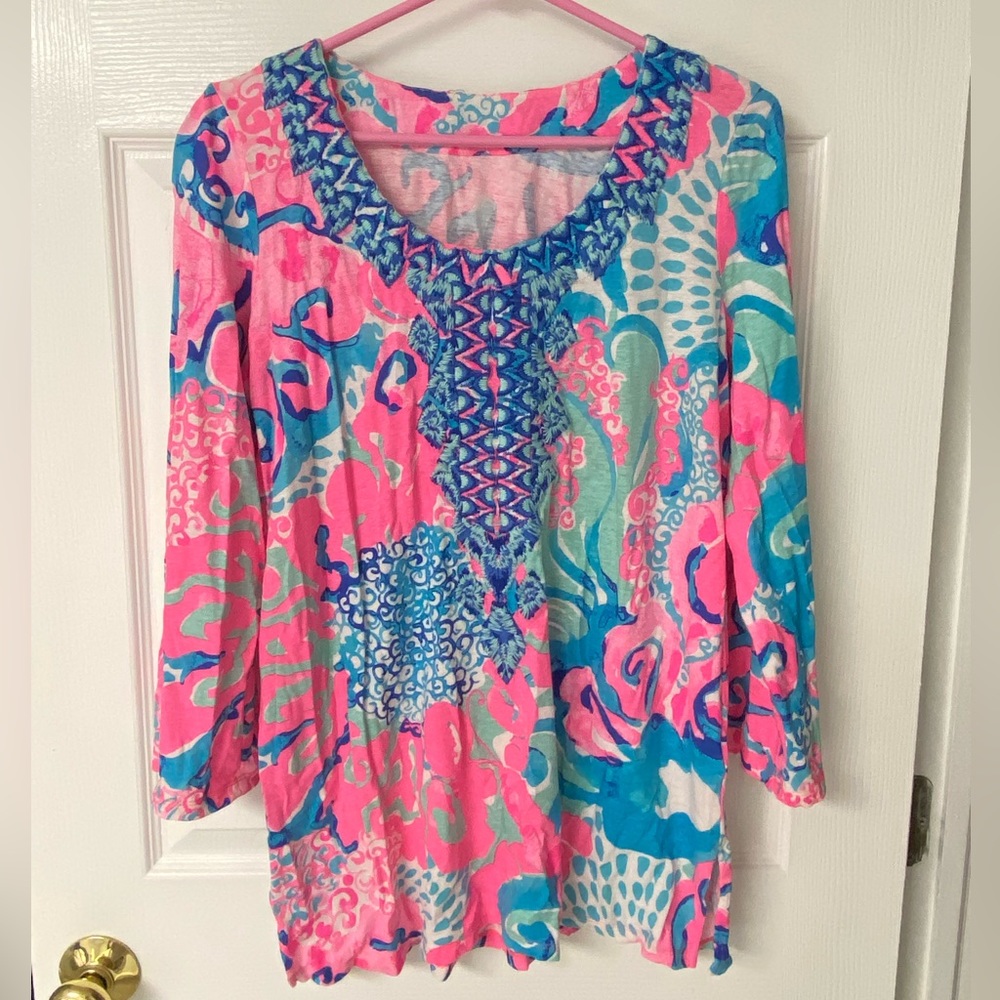 Lilly Pulitzer SAMPLE Tunic Coral Reef I'm So Jelly Embroidered SZ Medium